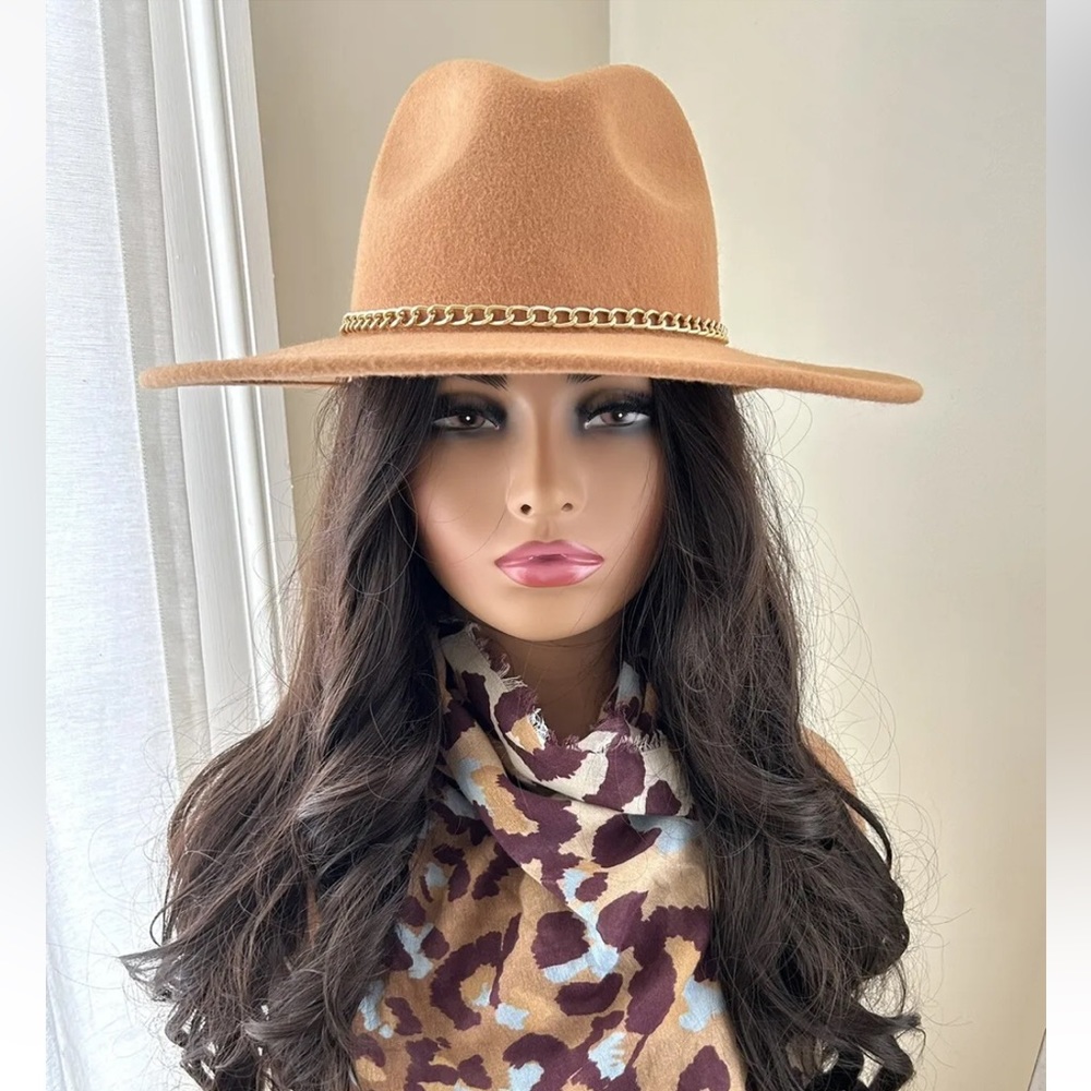 Steve Madden Wool Fedora Boho Western Rancher Tan With Gold Chain NWOT